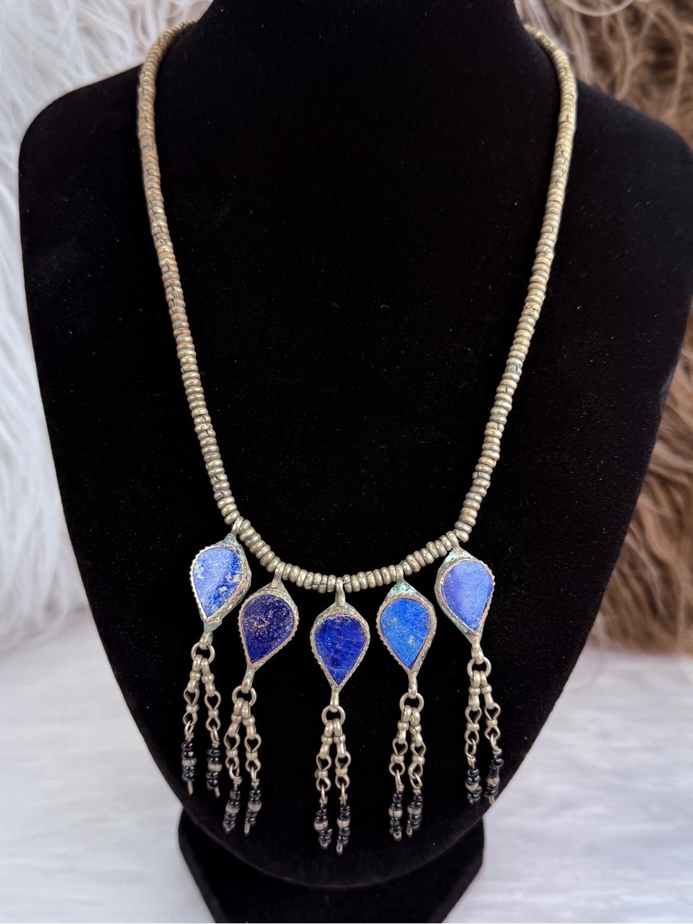Vintage Blue Pendant Fringe Statement Necklace Tribal Boho Artisan Festival